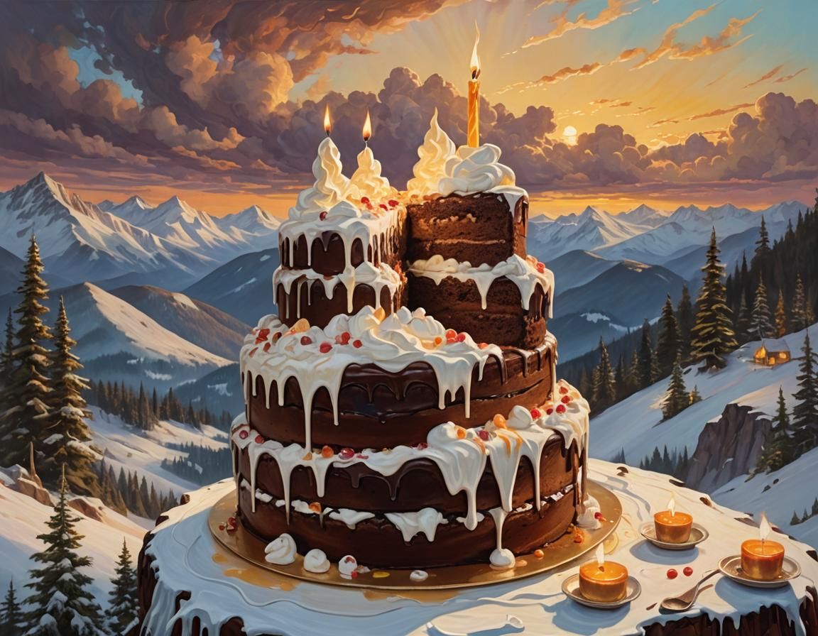 Chocolate Cake Mountain: Vibrant Oil Painting Landscape