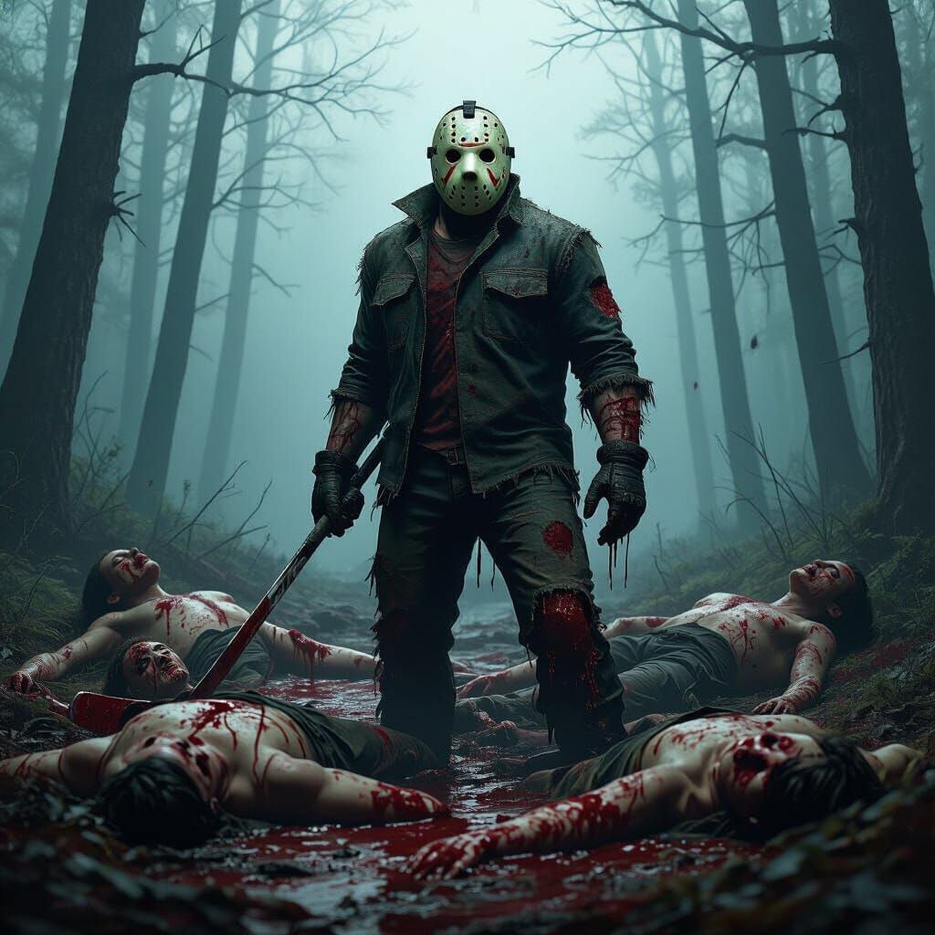 Gruesome Jason Voorhees Horror Scene in Eerie Forest