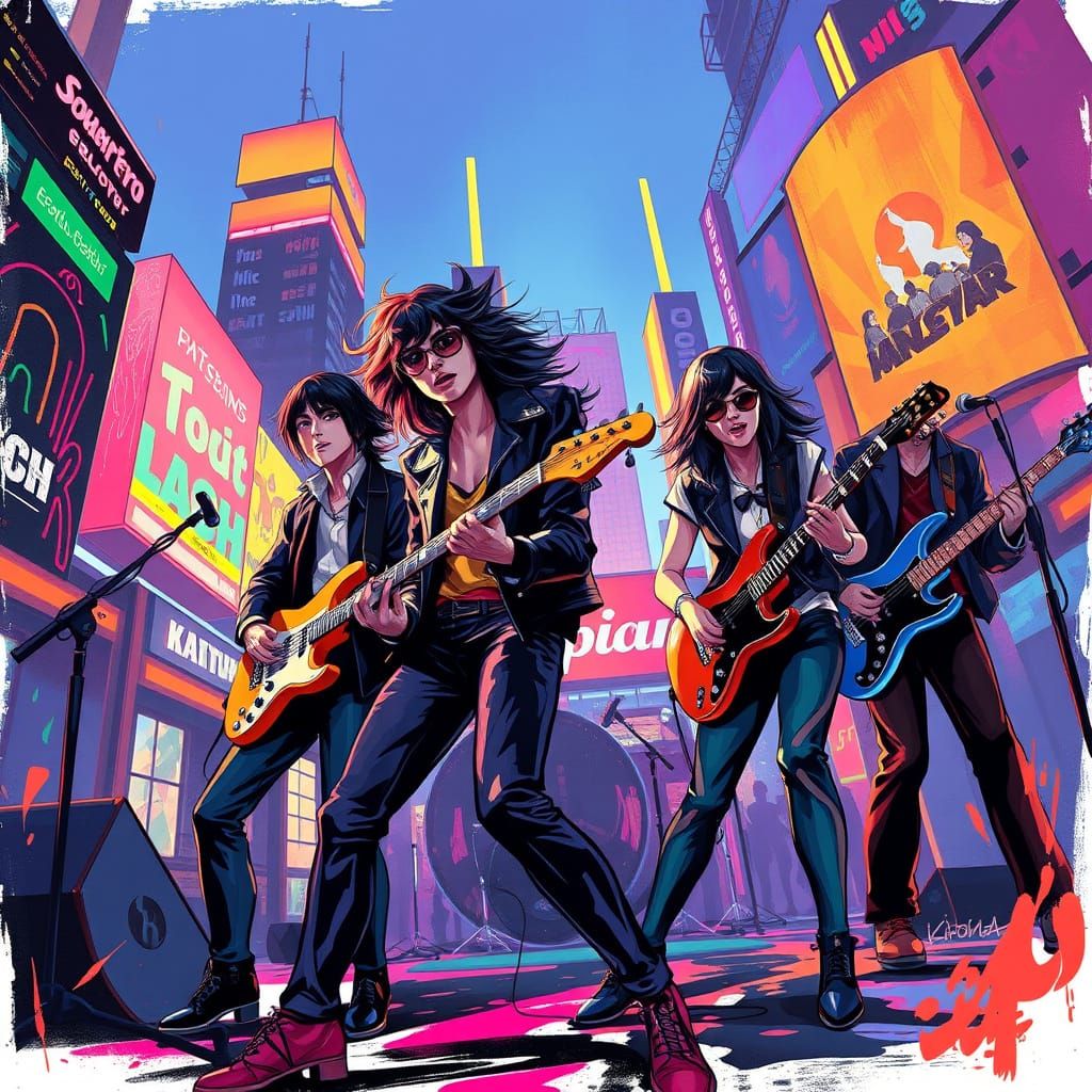 Vibrant Futuristic Concert Scene with Neon Cityscape