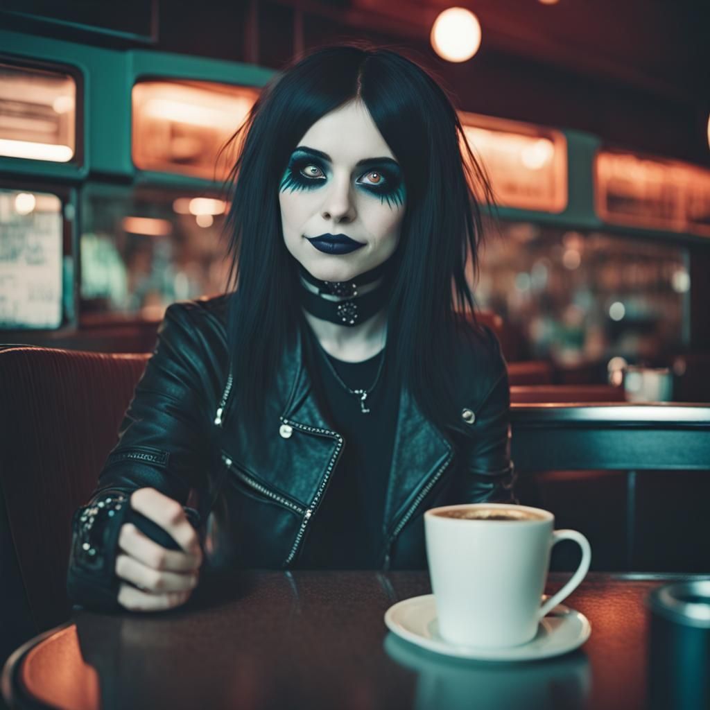 Emo Goth Girl in Diner: Cinematic Film Still