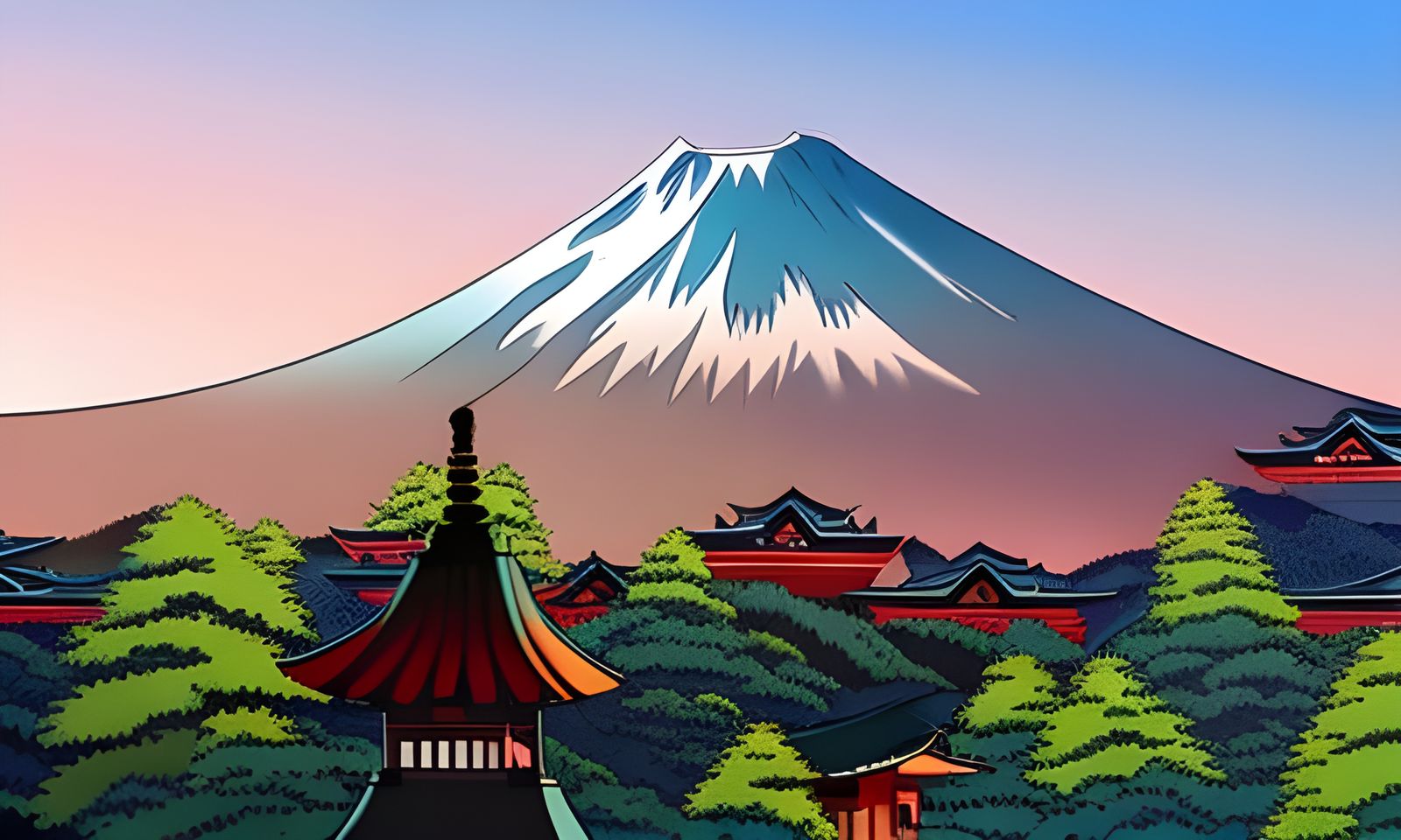 Mt Fuji and Toyoko skyline, digital art, smooth, sharp focus, gravity falls style, doraemon style, shinchan style, anime...