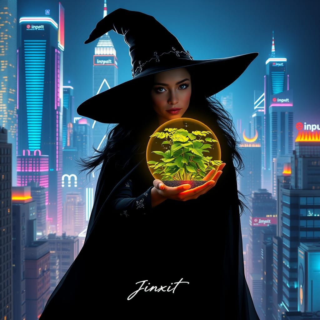 Neon City Witch with Garden, Double Exposure Art