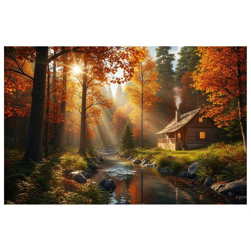 Realistic Autumn Forest Cabin by Stream