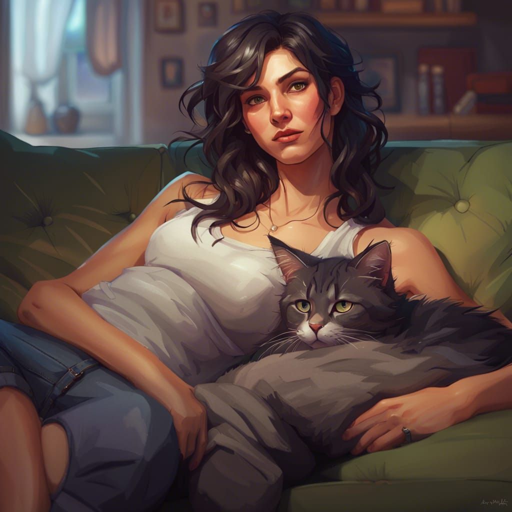 Tomboy Portrait with Cat, Hyperdetailed Artgerm Style