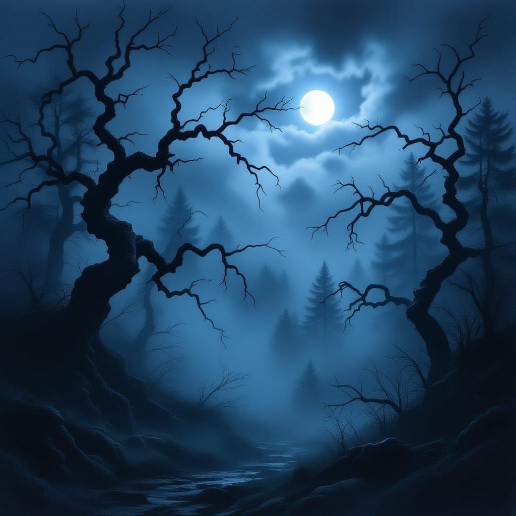 Eerie Foggy Black Forest at Night in Dark Fantasy Style