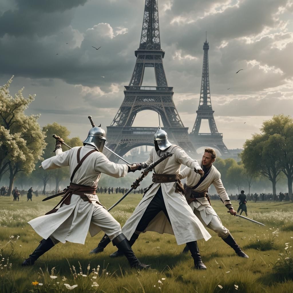 Swordsmen Duel in Meadow with Eiffel Tower