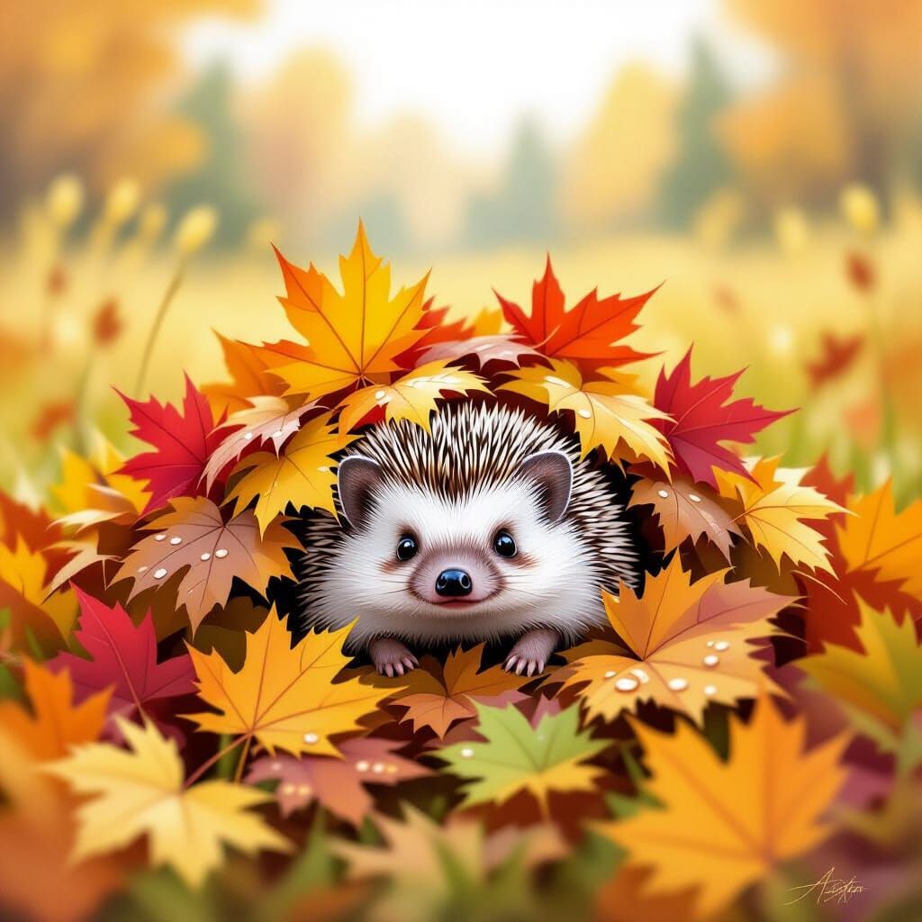 Adorable Hedgehog Amidst Autumn Leaves in Storybook Style