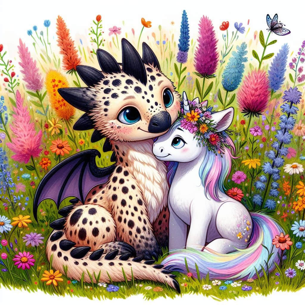 Dragon and Unicorn Embrace in Floral Meadow