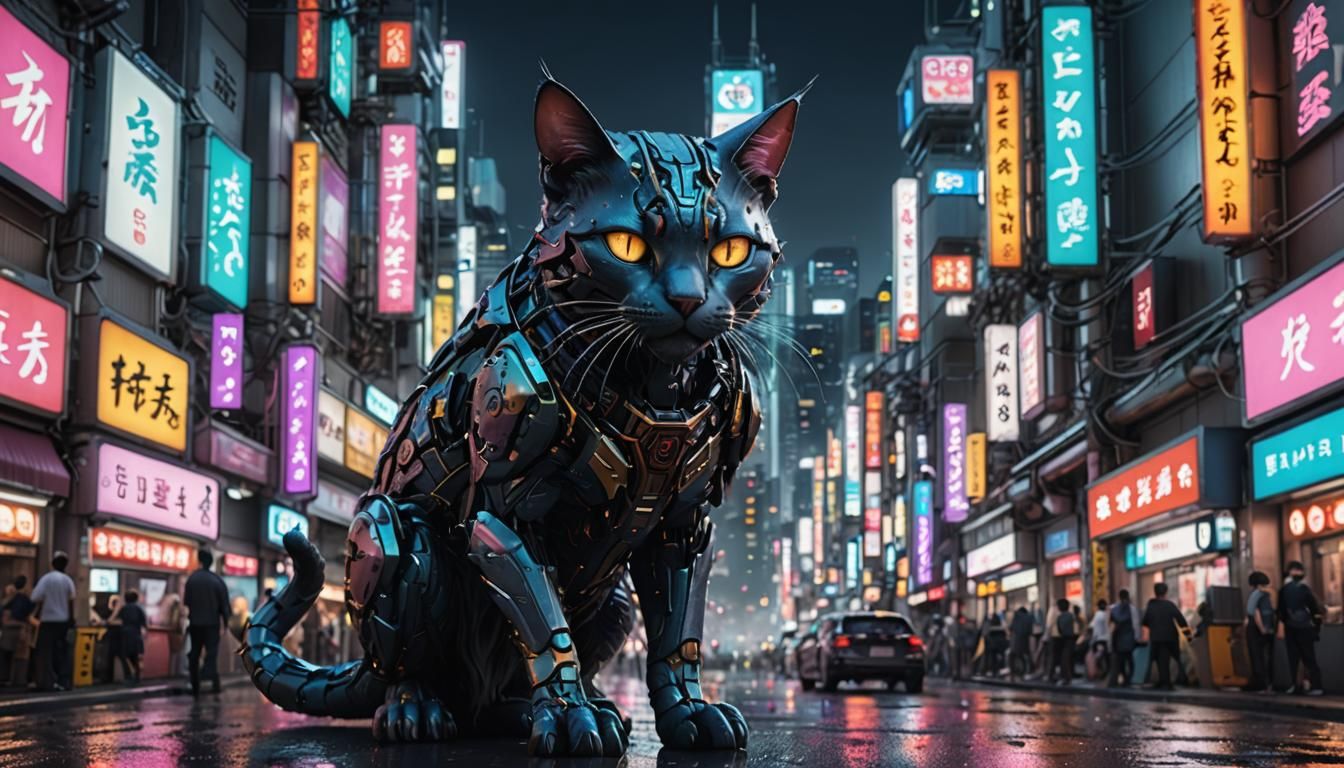 Cyberpunk Cat Roams Tokyo in Detailed Art