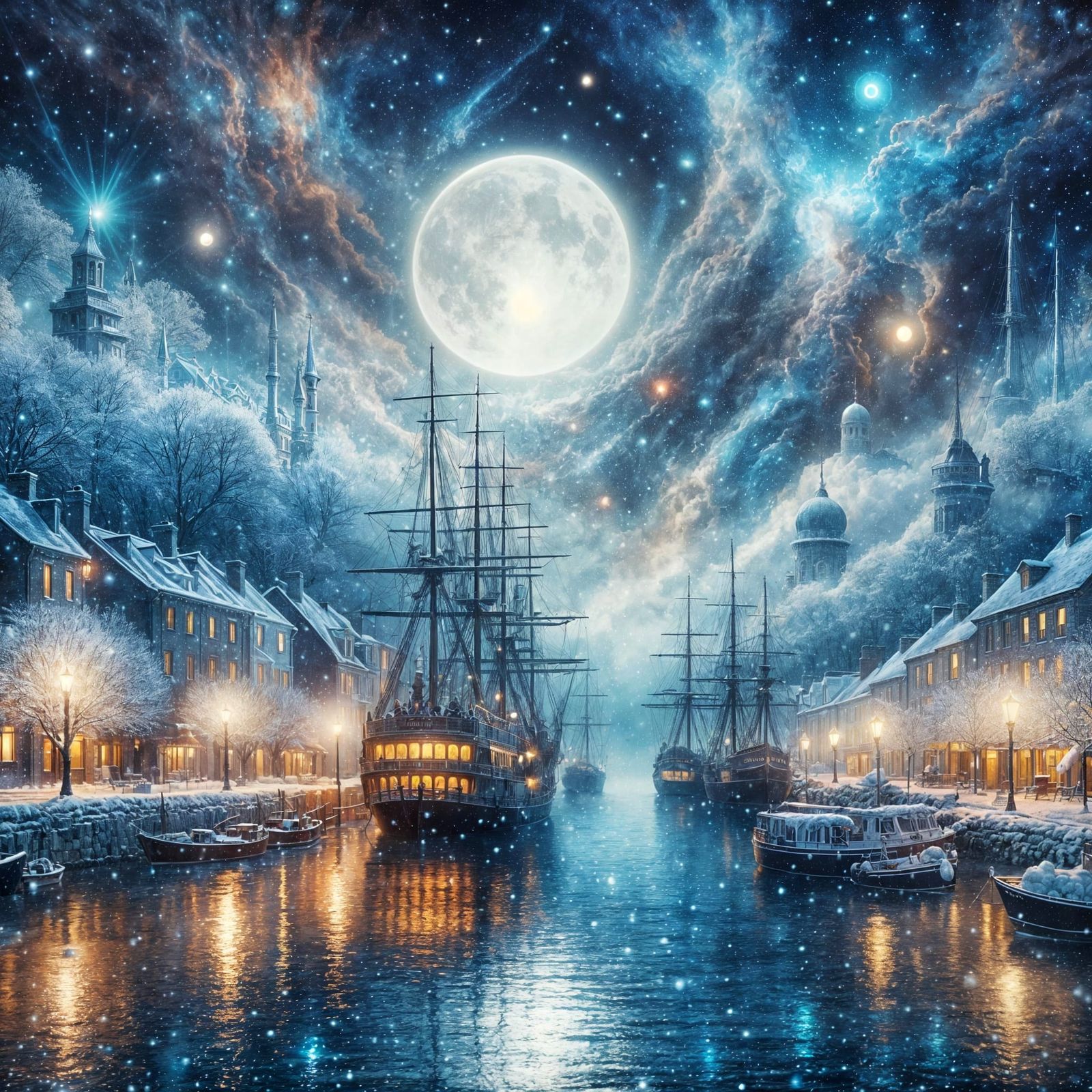Mystical Harbor Town Under Platinum Moon