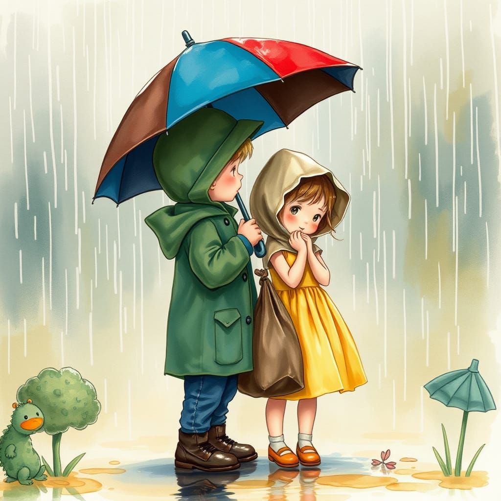 Boy Shares Umbrella in Summer Rain, Whimsical Illustration