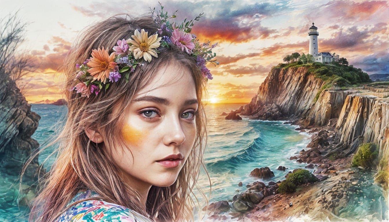 Sunset Portrait in Digital Watercolor Fantasyscape