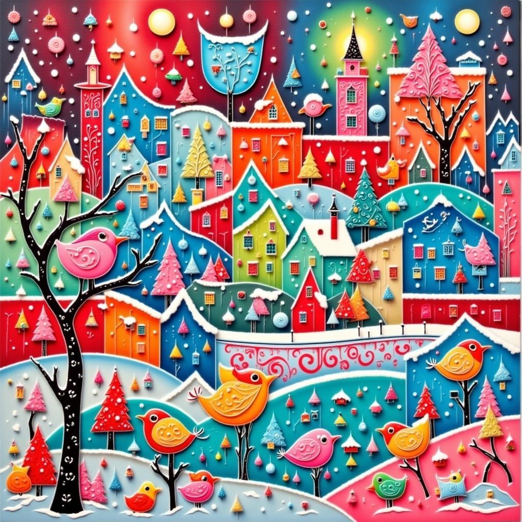 Winter Wonderland Panorama in Vibrant Folk Art Style