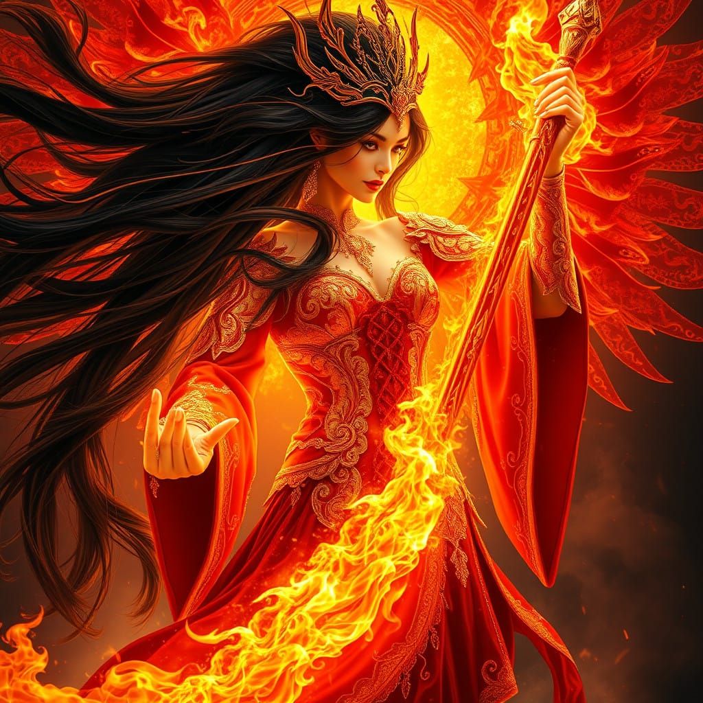 Fiery Goddess with Luxuriant Hair and Crimson Attire