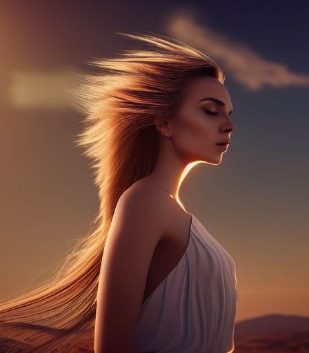 A Spiritual  moment alone , A Windswept woman long hair, rim...
