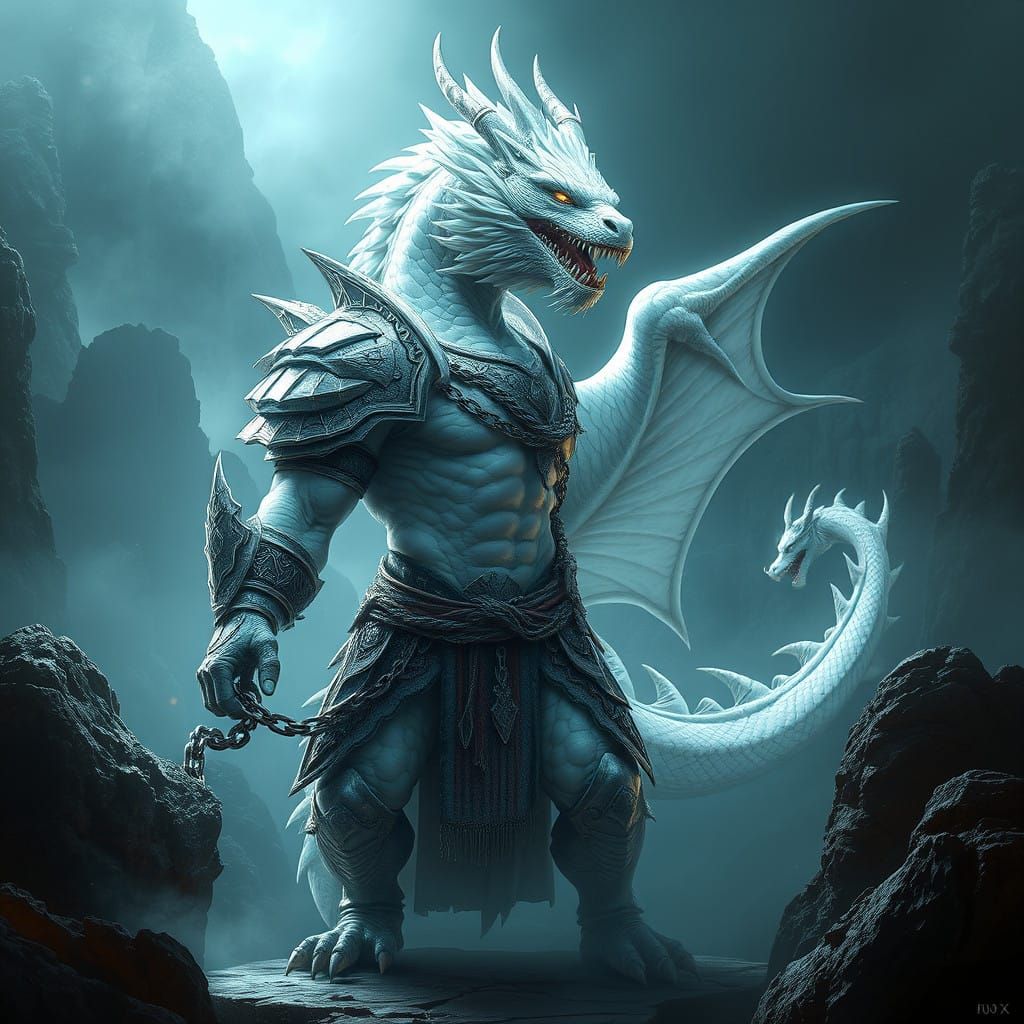 Majestic White Dragon Warrior in Ancient Fantasy Armor