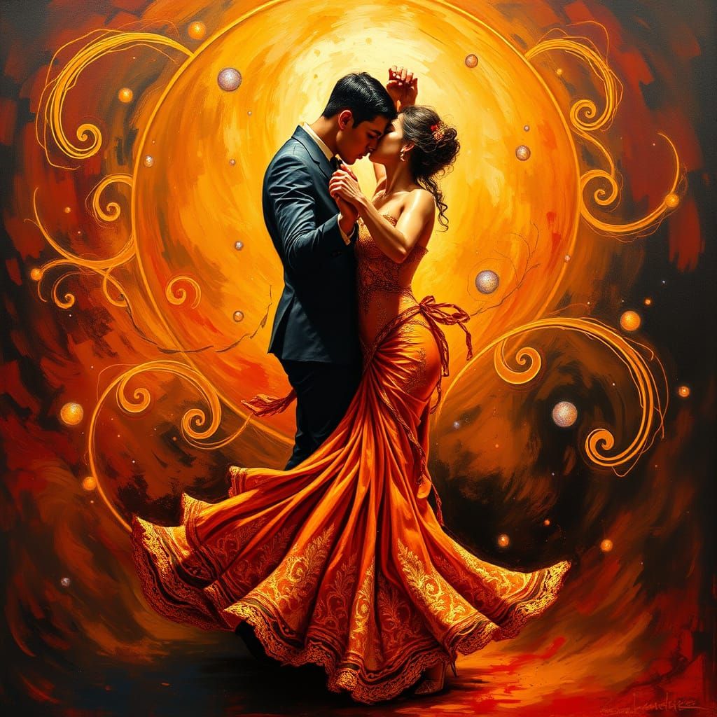 Vibrant Latinoamerican Rumba Dance Duo in Surrealist Oil Pai...
