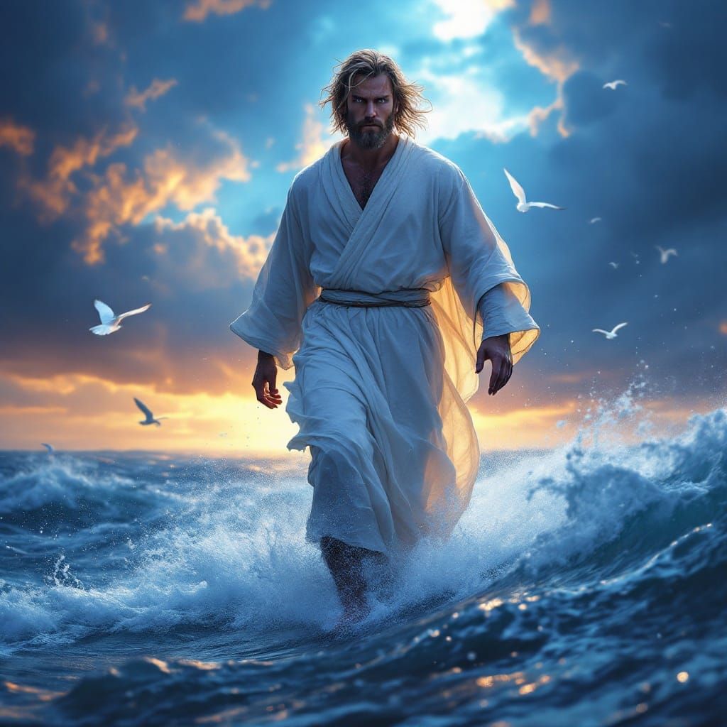 Man Walks on Stormy Ocean at Sunrise