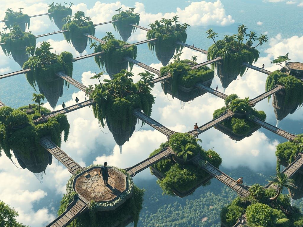 Floating Tropical Islands in Utopian Science Fiction Style