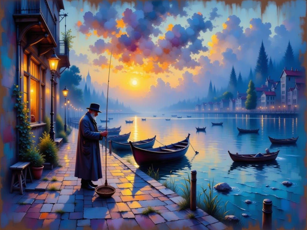Twilight Fisherman Portrait in Impressionist Style