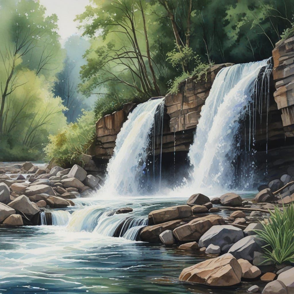Watercolour Painting of a Serene Waterfall