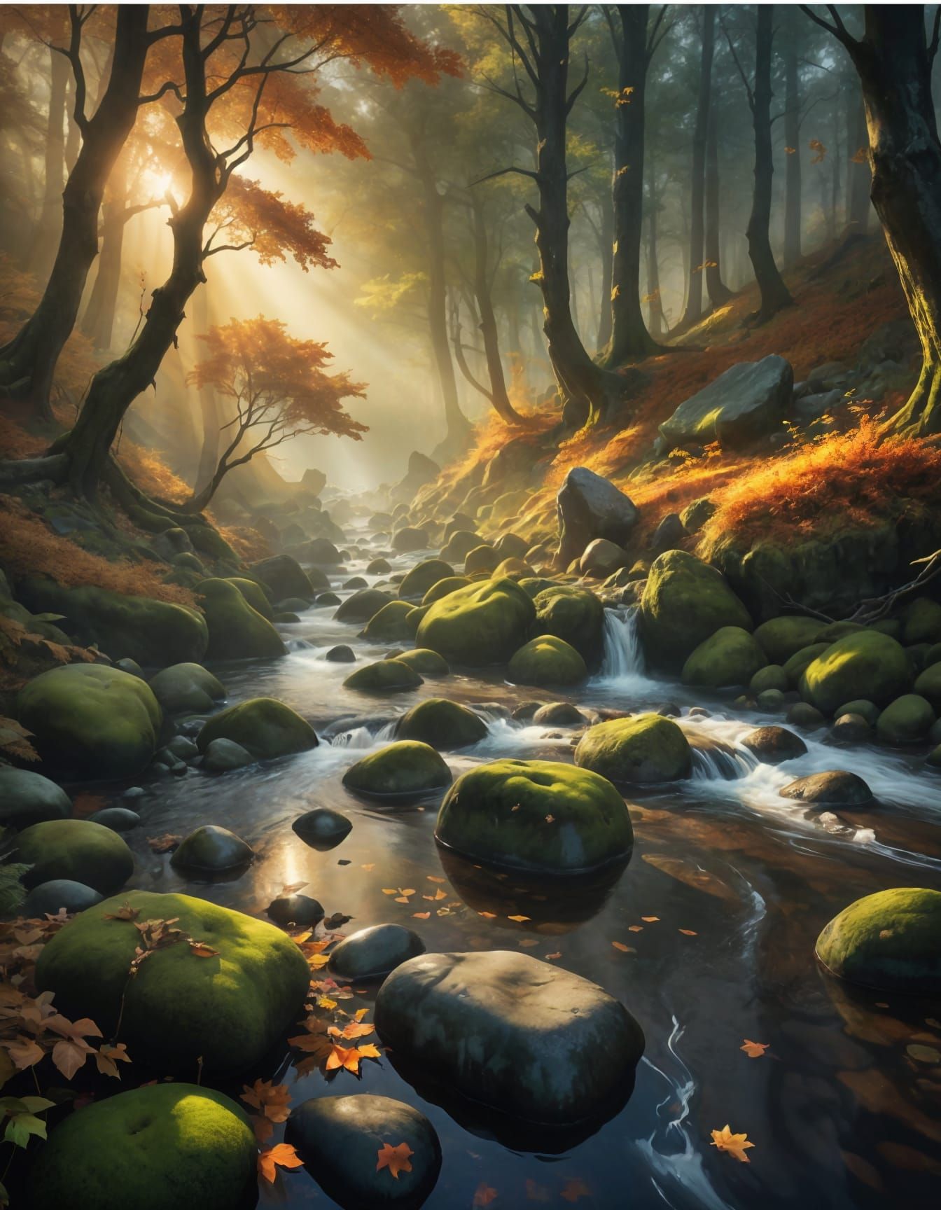 Mossy Stream in Autumn Forest with Sun Rays
