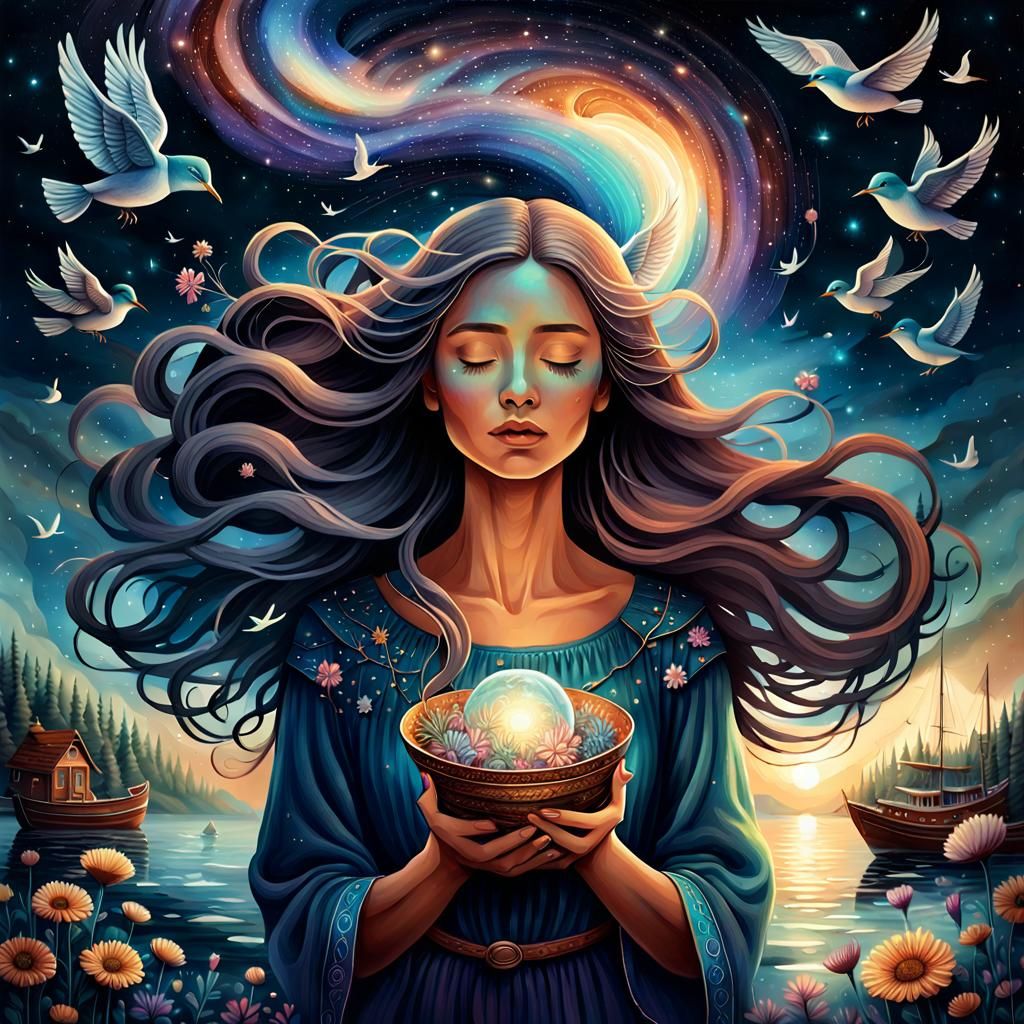 Woman Holding Galaxy in Watercolor Universe