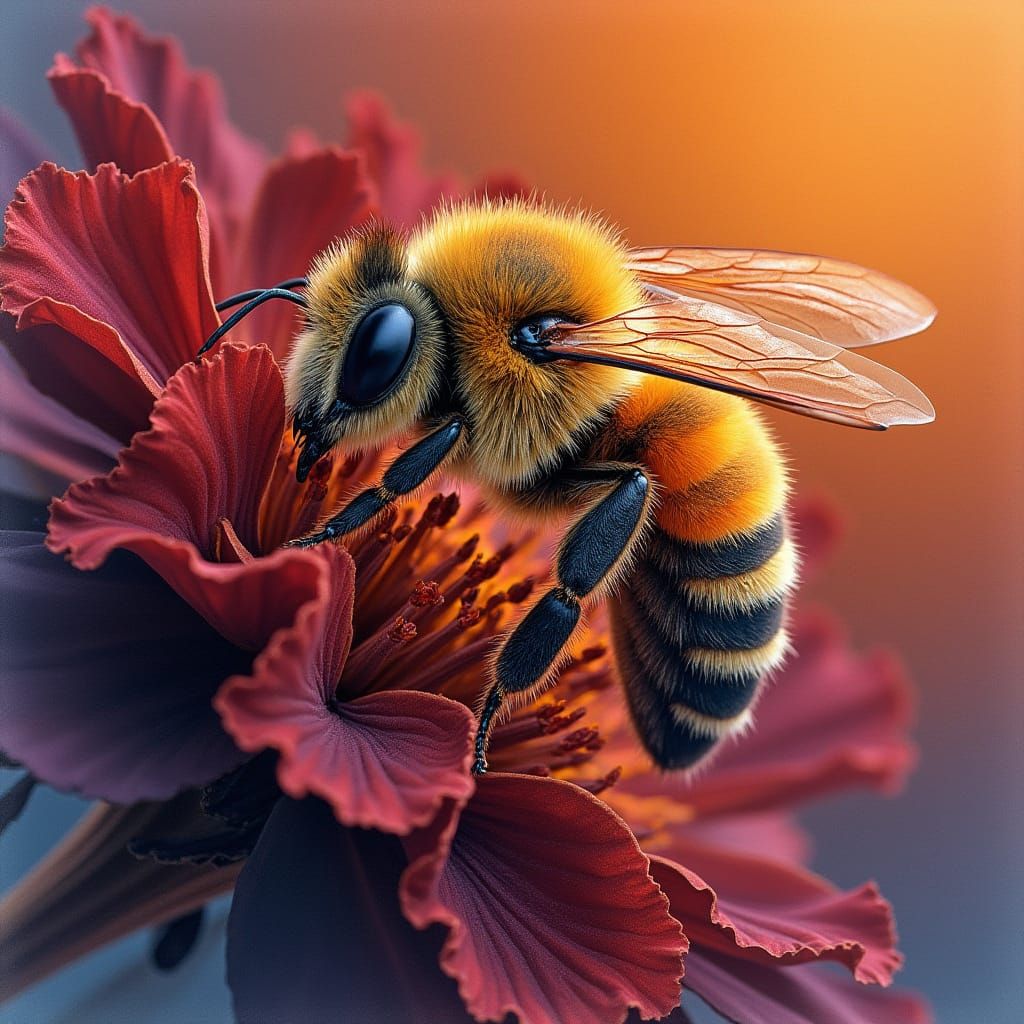 Vibrant Watercolor Honey Bee on Dark Flower