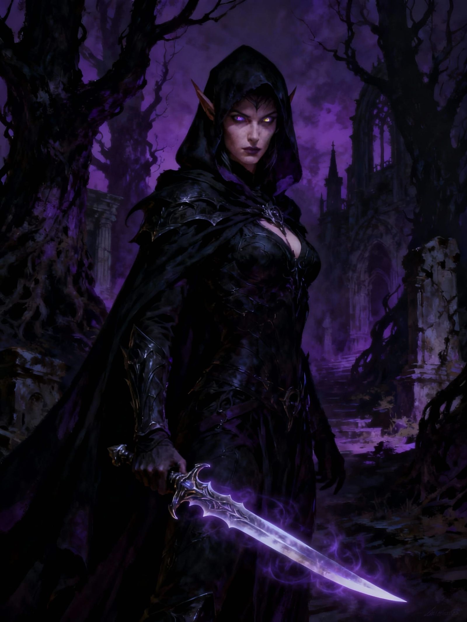 Dark Elf Assassin in Gothic Forest, Lineage 2 Style
