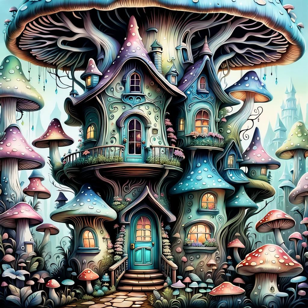 Fairytale Mushroom House in Pastel Colors