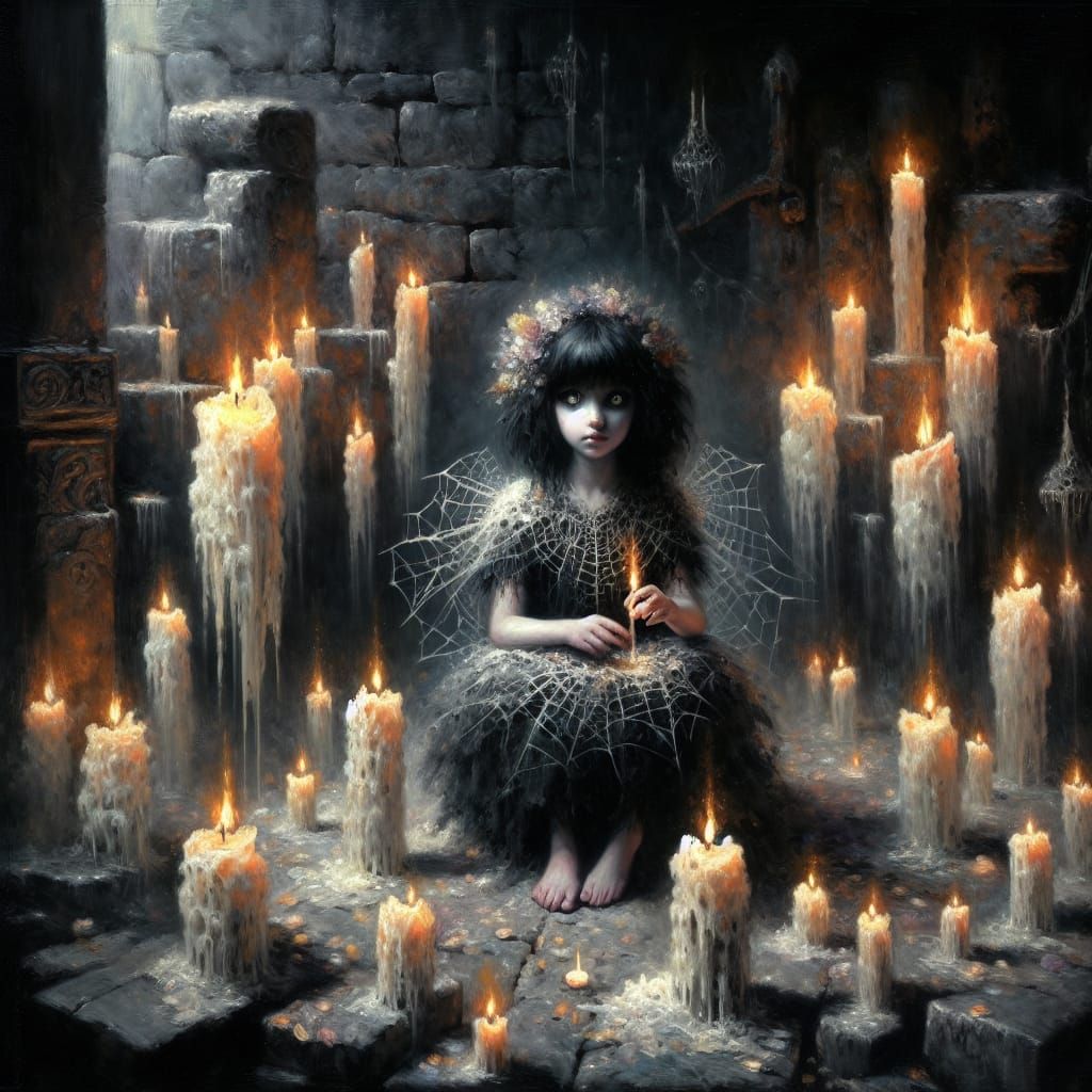 A dark fairy child sits cross-legged inside a stone ruin, surrounded by melting candles.