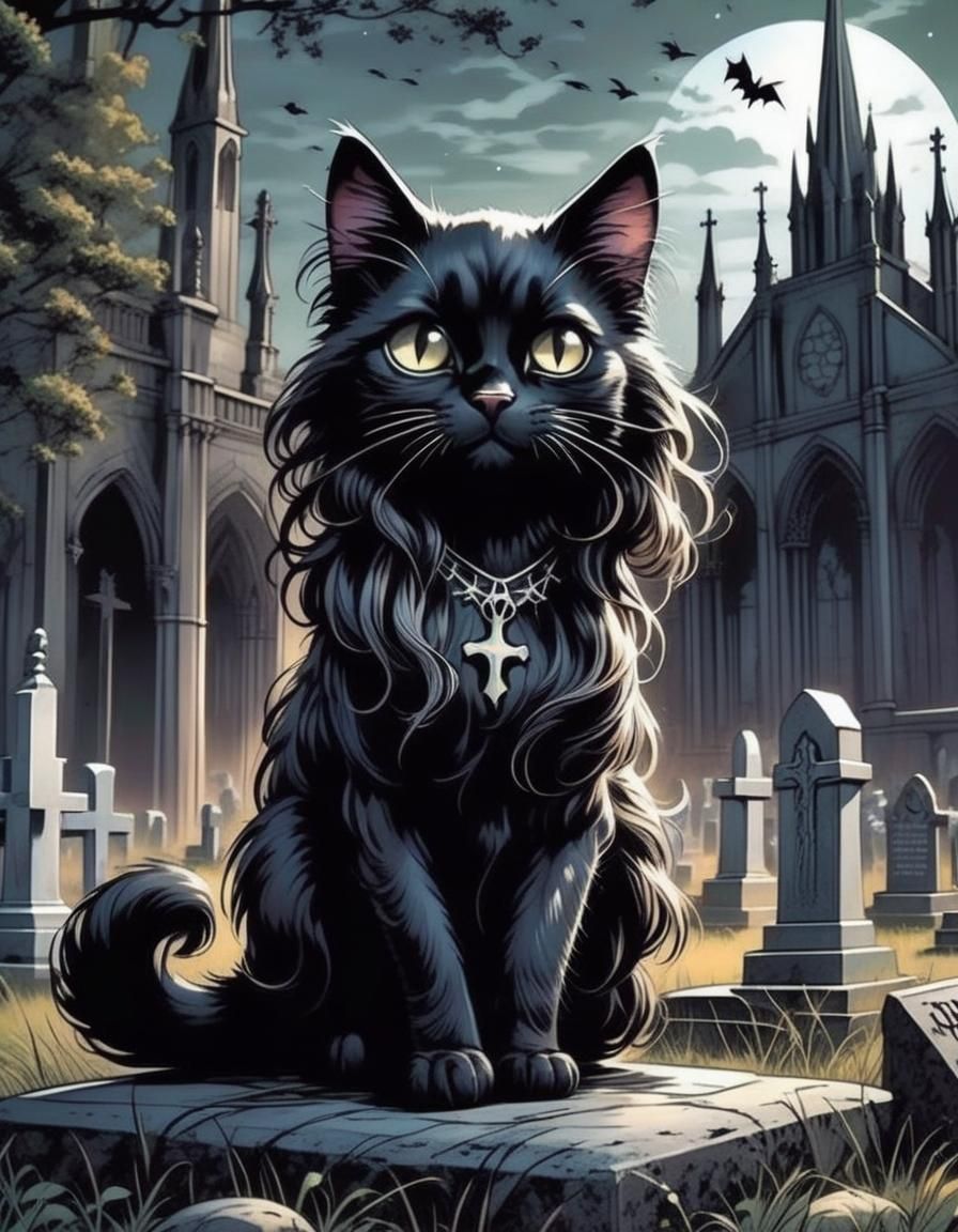 Black Kitty in Gothic Cemetery: Comic Book Art