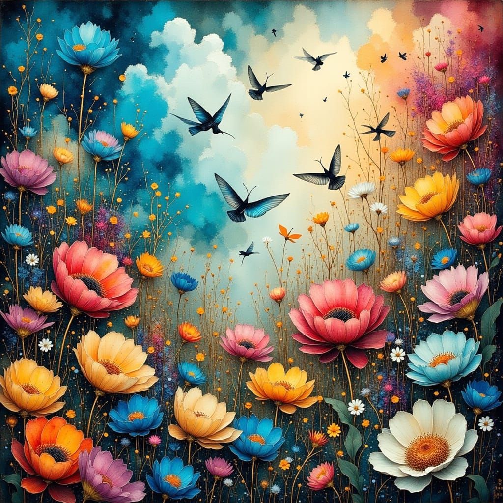 Luminous Sky Garden with Iridescent Flowers