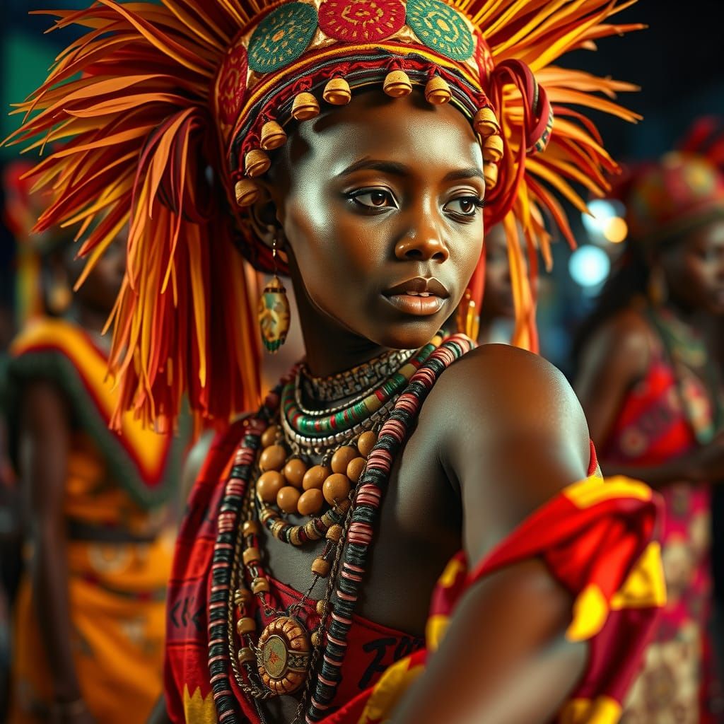 yoruba girl in traditional costume during a festival dancing...
