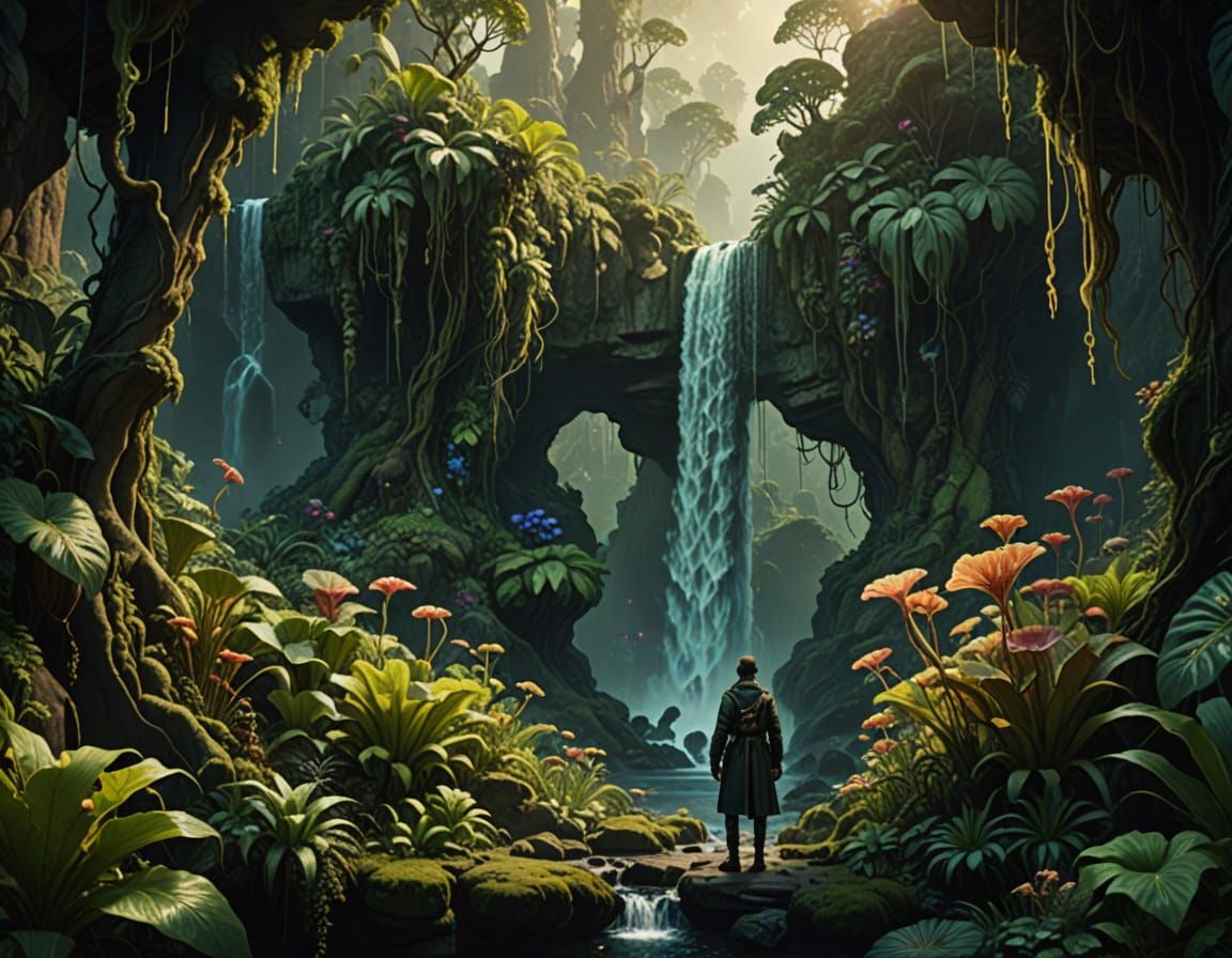 Baroque Fantasy Jungle Reveal with Hyperrealistic Waterfall