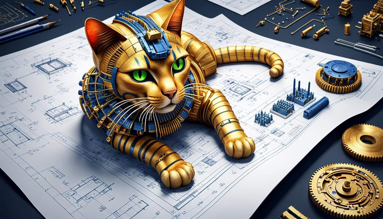 Disassembled Cat Pharaoh: 3D Construction Illustration