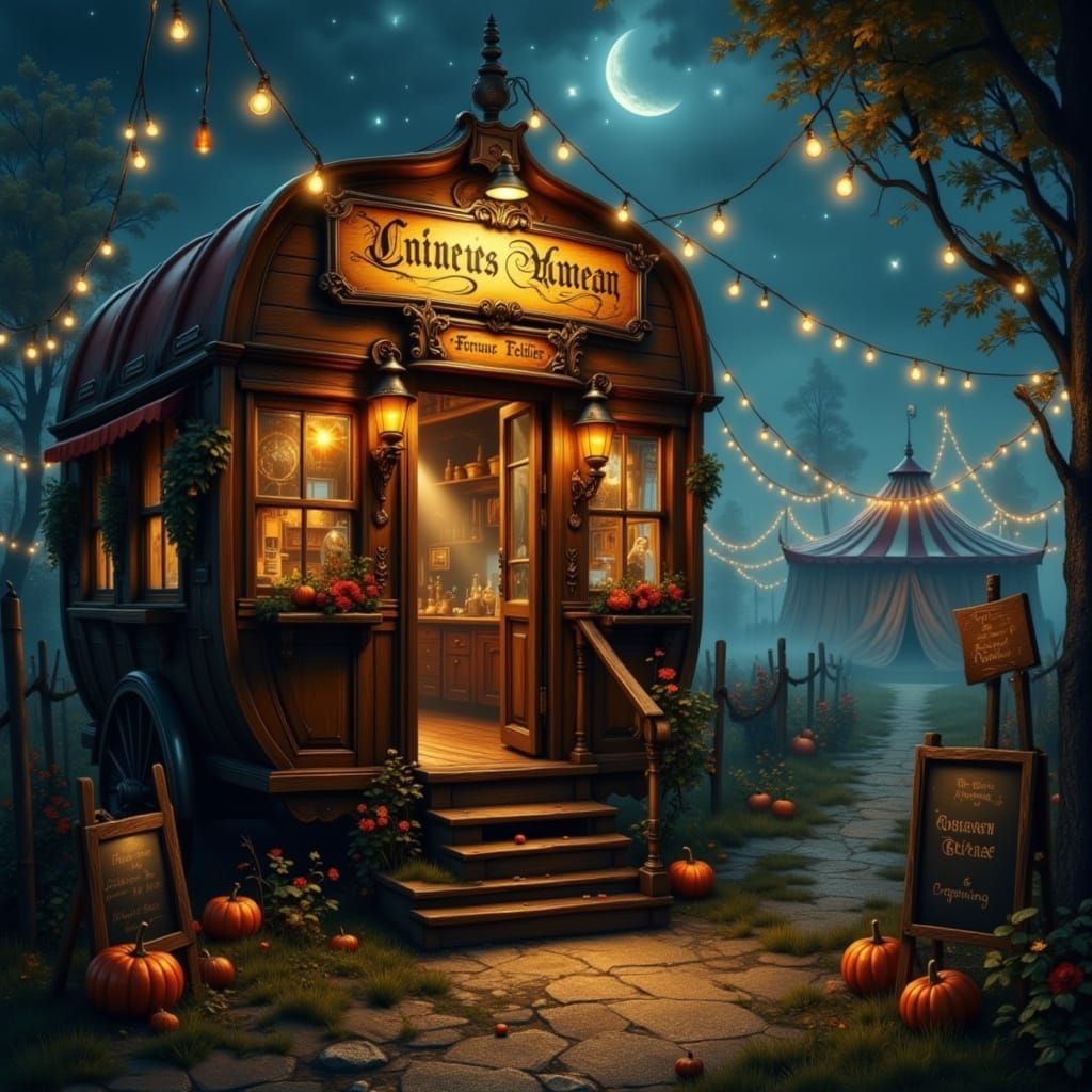 Vintage Fortune Teller Wagon at Night