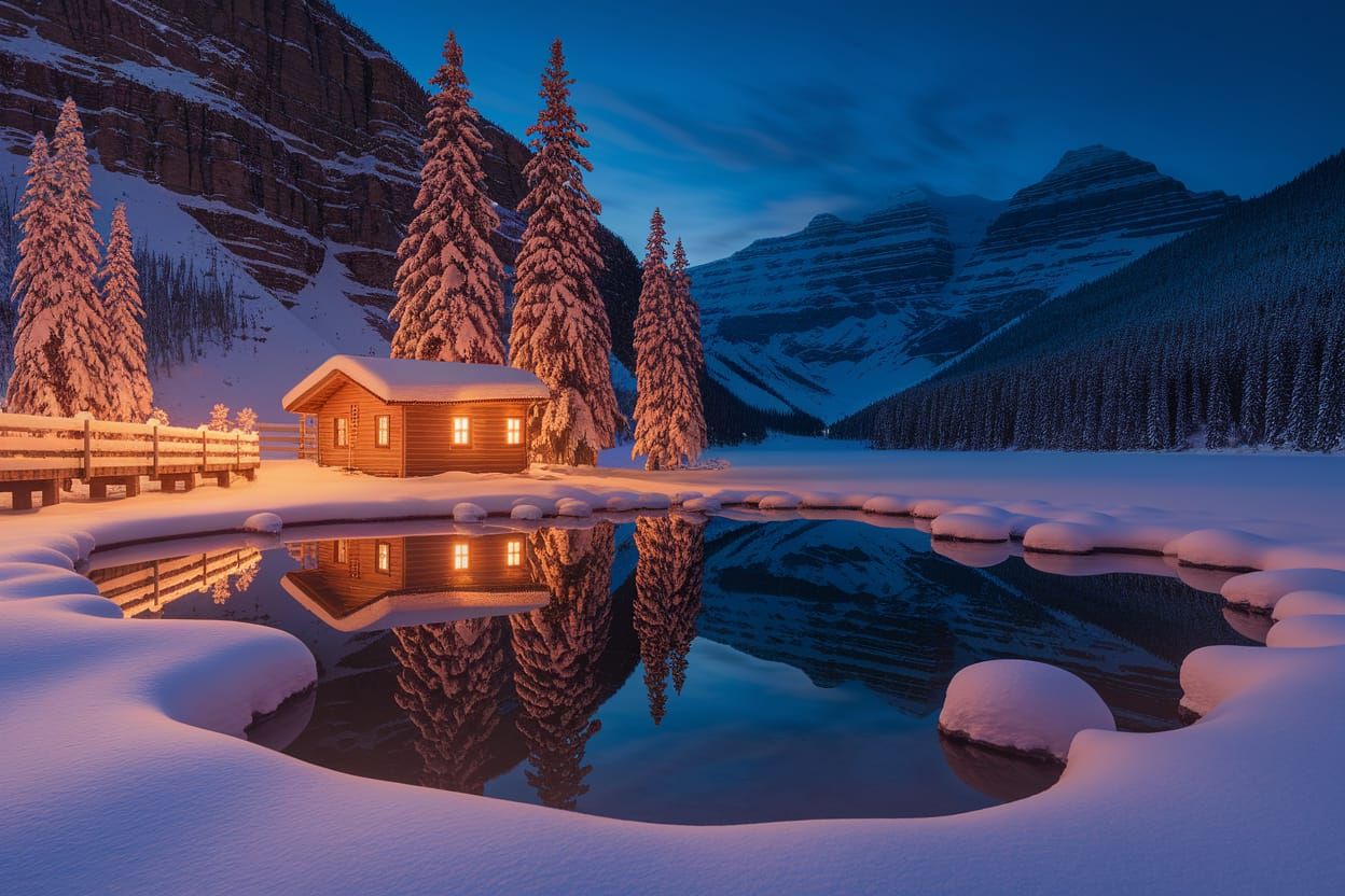 Cozy Cabin in Snow-Covered Canadian Rockies