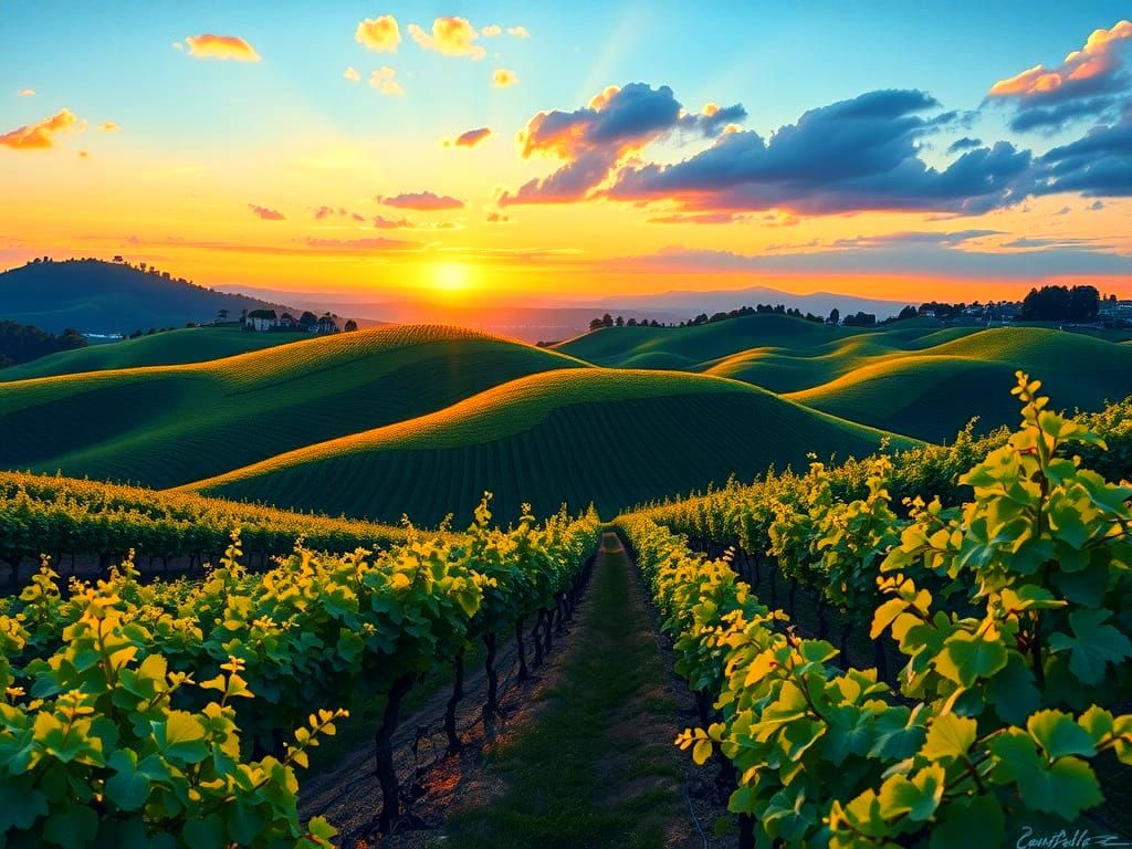 Impressive Gouache Landscape of Rolling Hills and Grapevines...