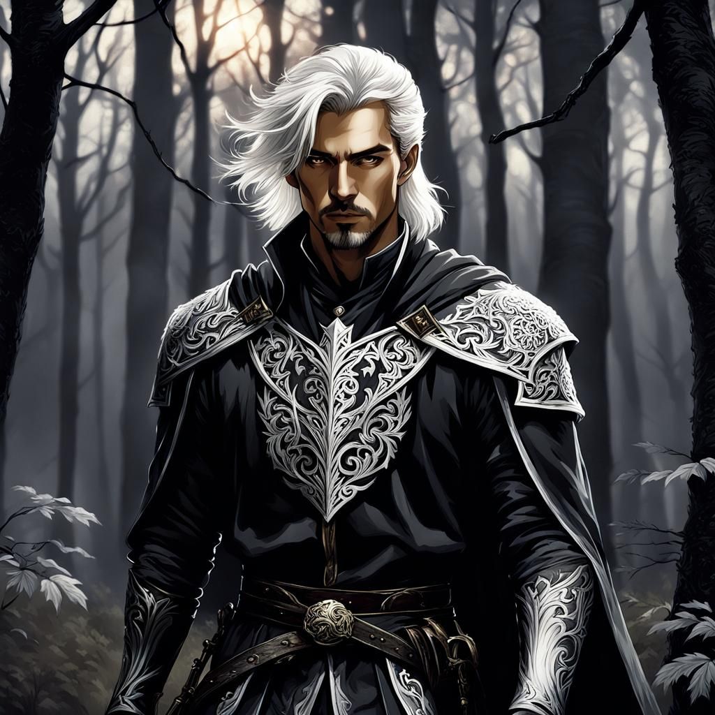 Medieval Man in Dark Forest, Arthur Rackham Style