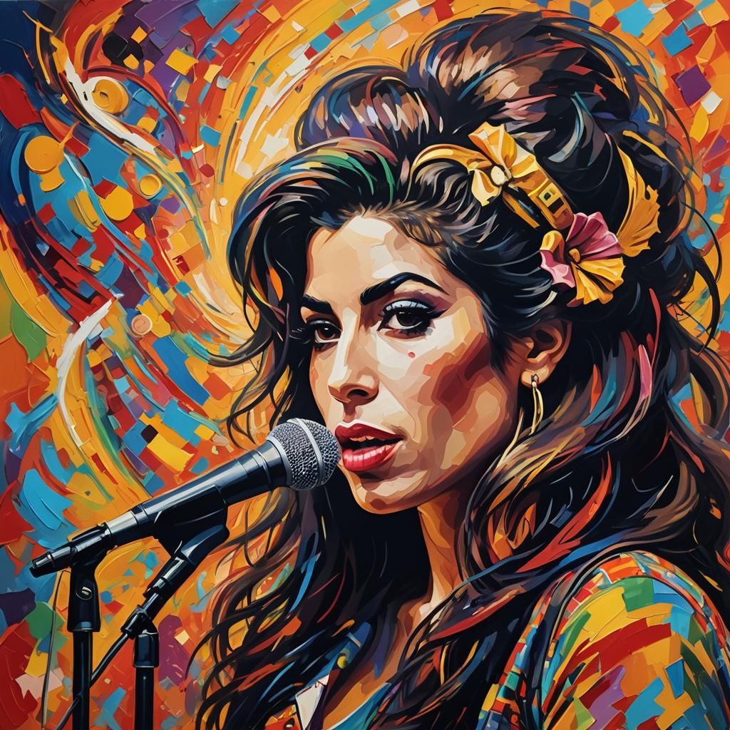 Psychedelic Oil Painting of Amy Winehouse Singing