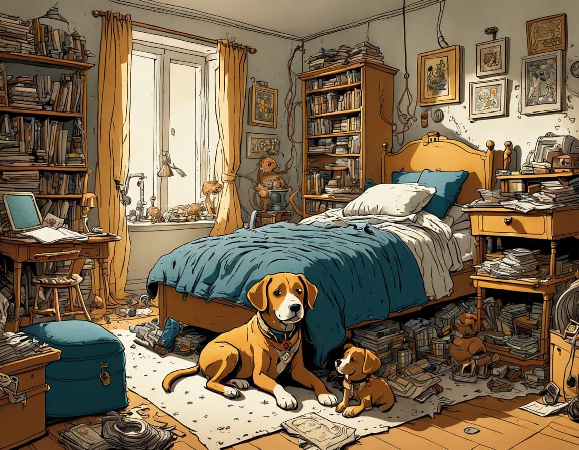 Whimsical Toddler Boy Hugs His Cute Dog in a Messy Room, Ink...