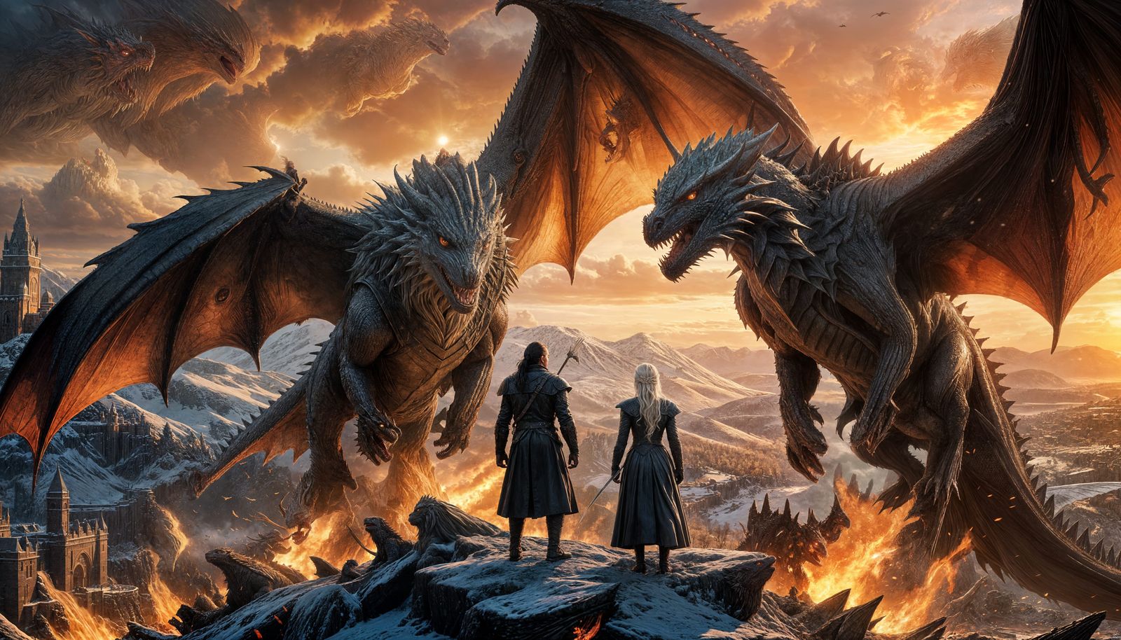 Daenerys and Jon Snow Ride Drogon at Dusk