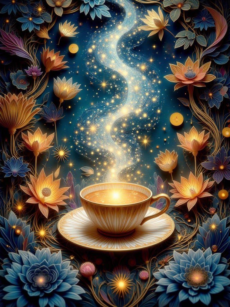 Art Nouveau Teacup With Starlight In Enchanted Forest