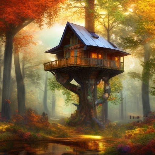 Cozy Solarpunk Treehouse Interior in Autumn Forest