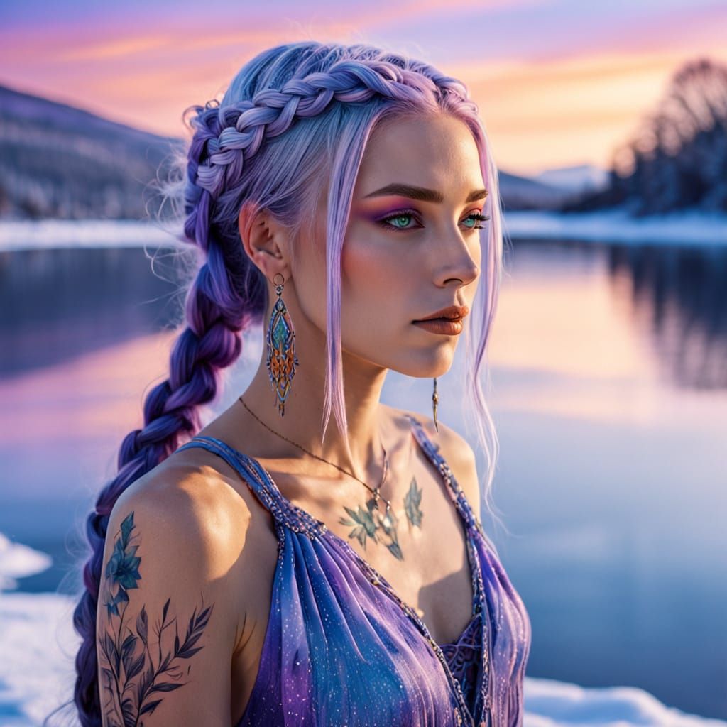 Young Woman in Ethereal Glow with Neon Hair