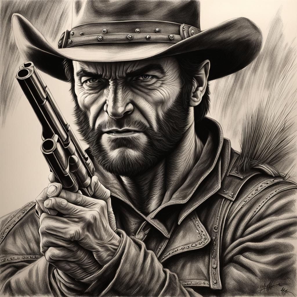 Wolverine as Gunslinger: Hyperdetailed Charcoal Drawing