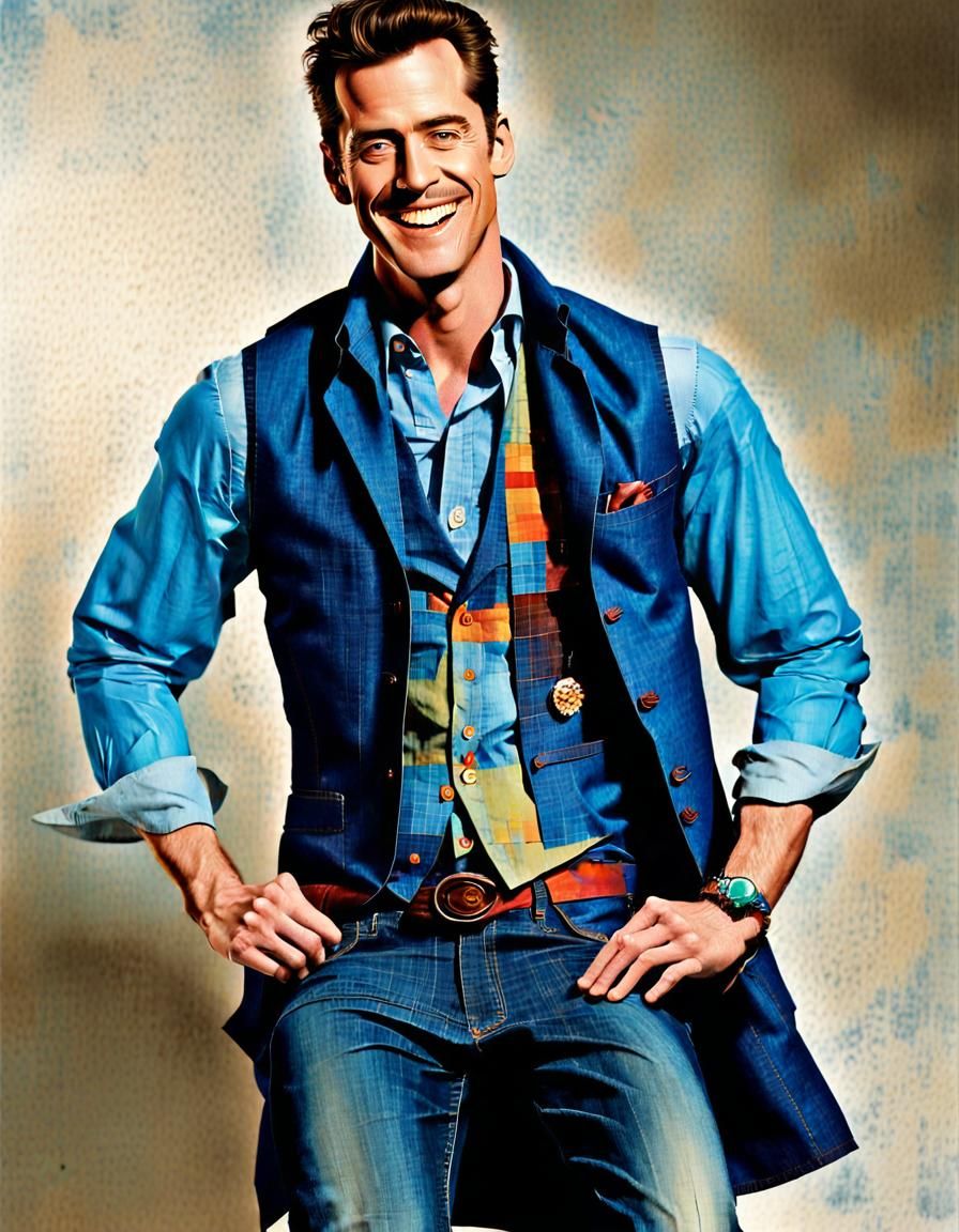 Smiling Man in Blue Linen: Surrealist Comic Art