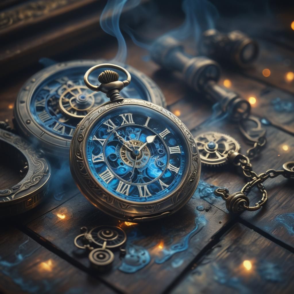 Ornate Steampunk Pocket Watch with Glowing Blue Accents