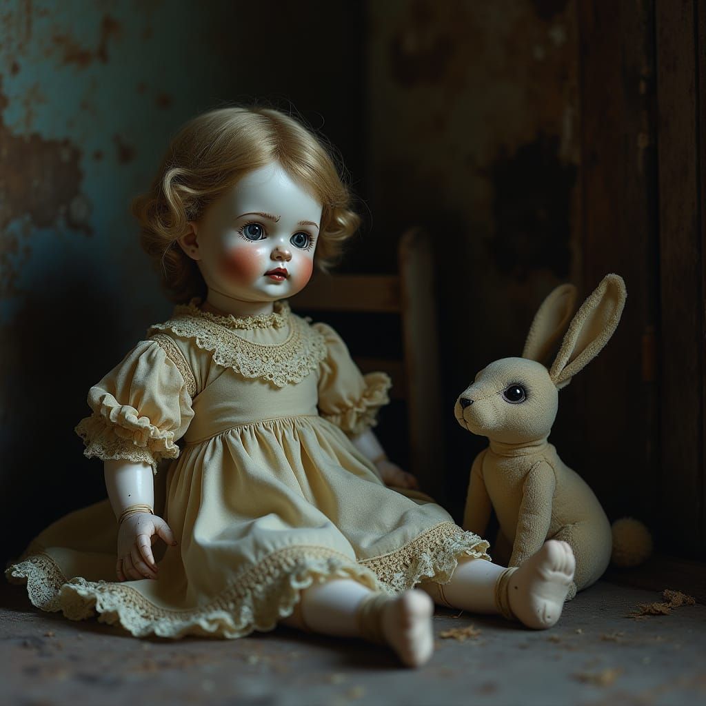 Antique Porcelain Doll in Dusty Playroom